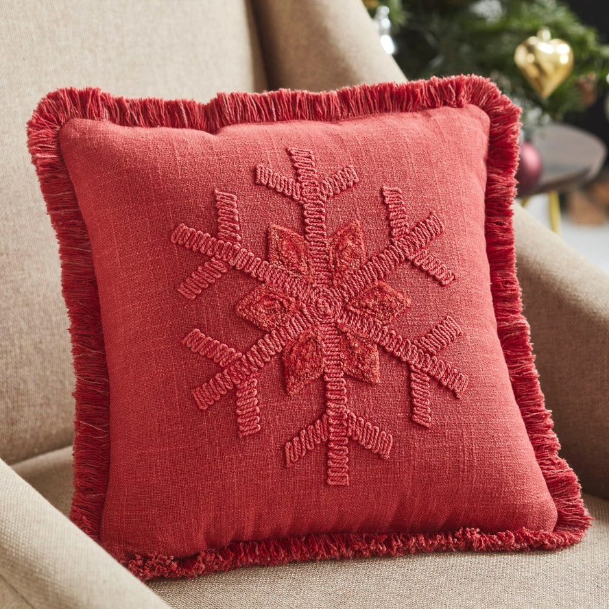 Red Snowflake Fringed Pillow